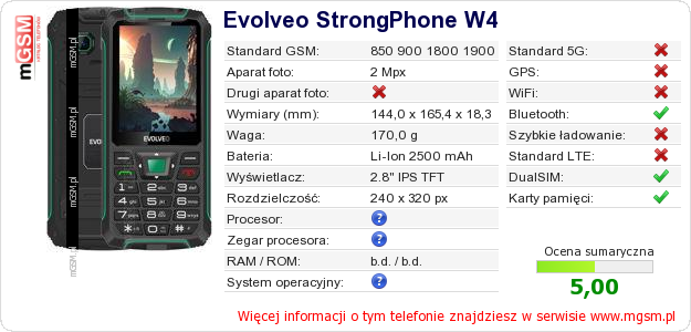Dane telefonu Evolveo StrongPhone W4