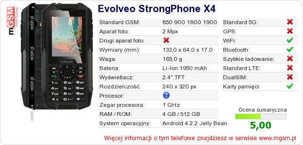 Dane telefonu Evolveo StrongPhone X4