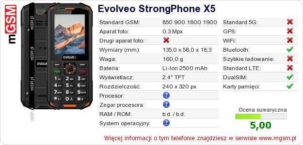 Dane telefonu Evolveo StrongPhone X5
