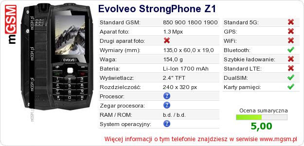 Dane telefonu Evolveo StrongPhone Z1