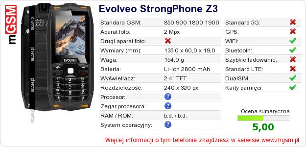 Dane telefonu Evolveo StrongPhone Z3