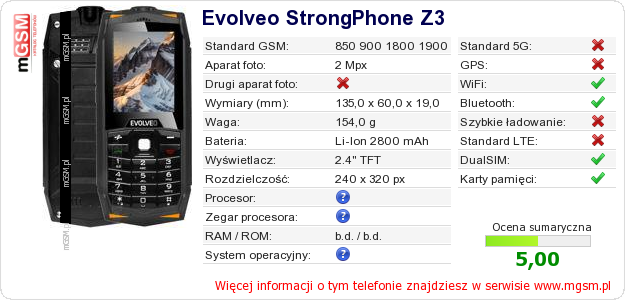 Dane telefonu Evolveo StrongPhone Z3 Dane telefonu Evolveo StrongPhone Z3