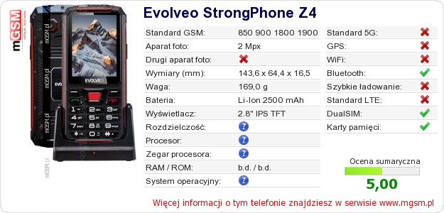 Dane telefonu Evolveo StrongPhone Z4 Dane telefonu Evolveo StrongPhone Z4