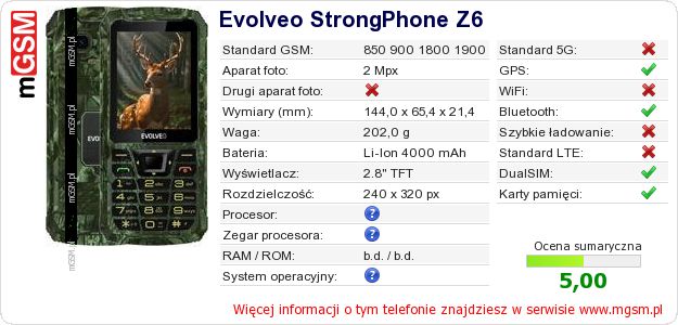 Dane telefonu Evolveo StrongPhone Z6 Dane telefonu Evolveo StrongPhone Z6