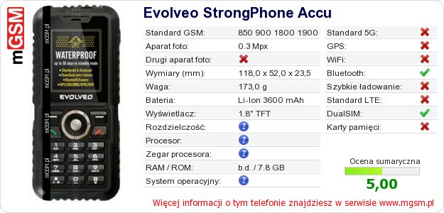 Dane telefonu Evolveo StrongPhone Accu Dane telefonu Evolveo StrongPhone Accu