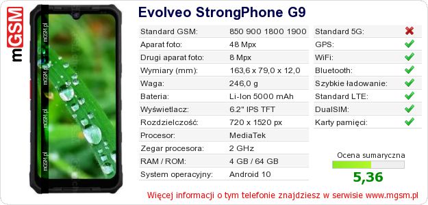 Dane telefonu Evolveo StrongPhone G9