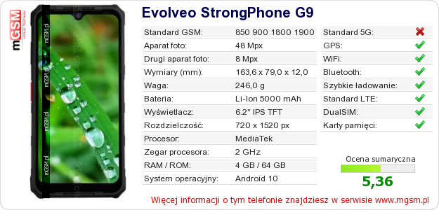 Dane telefonu Evolveo StrongPhone G9