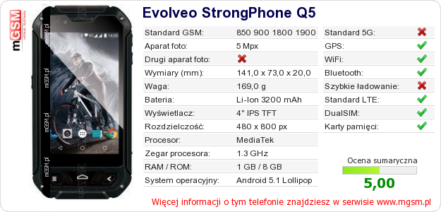 Dane telefonu Evolveo StrongPhone Q5 Dane telefonu Evolveo StrongPhone Q5