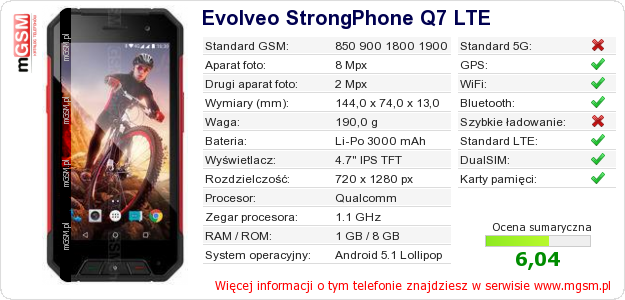 Dane telefonu Evolveo StrongPhone Q7 LTE Dane telefonu Evolveo StrongPhone Q7 LTE