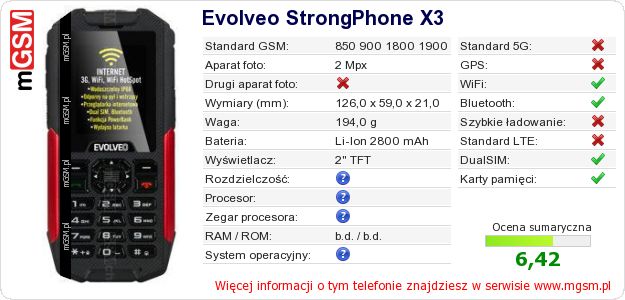 Dane telefonu Evolveo StrongPhone X3