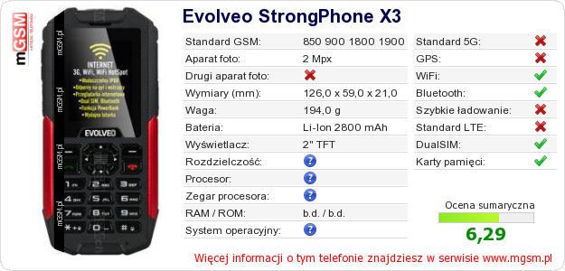 Dane telefonu Evolveo StrongPhone X3