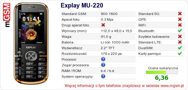 Dane telefonu Explay MU-220