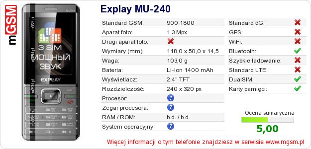 Dane telefonu Explay MU-240 Dane telefonu Explay MU-240