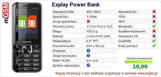 Dane telefonu Explay Power Bank