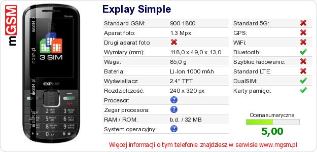 Dane telefonu Explay Simple Dane telefonu Explay Simple