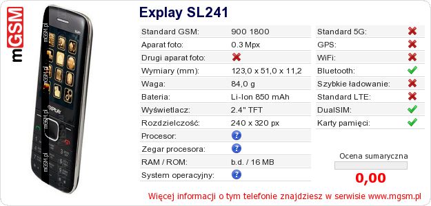 Dane telefonu Explay SL241 Dane telefonu Explay SL241