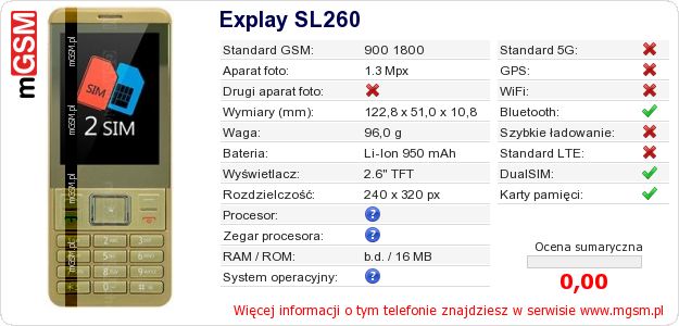Dane telefonu Explay SL260 Dane telefonu Explay SL260