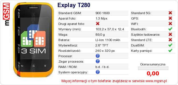 Dane telefonu Explay T280 Dane telefonu Explay T280