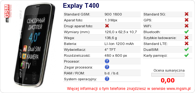 Dane telefonu Explay T400 Dane telefonu Explay T400