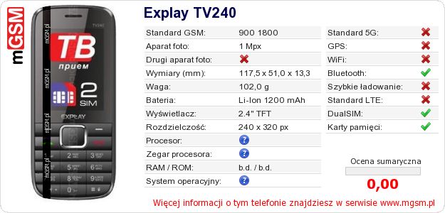 Dane telefonu Explay TV240 Dane telefonu Explay TV240