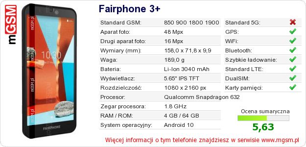 Dane telefonu Fairphone 3+