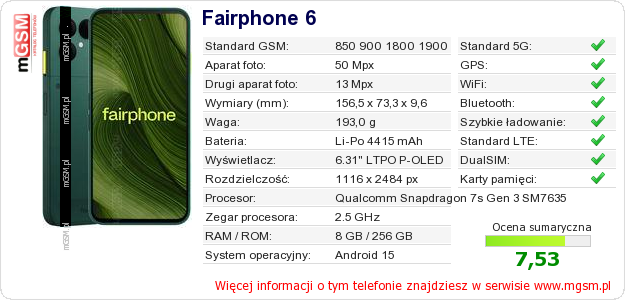 Dane telefonu Fairphone 6 Dane telefonu Fairphone 6