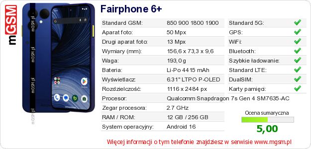Dane telefonu Fairphone 6+ Dane telefonu Fairphone 6+