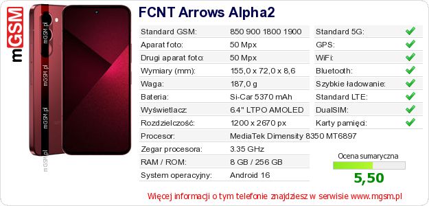 Dane telefonu FCNT Arrows Alpha2