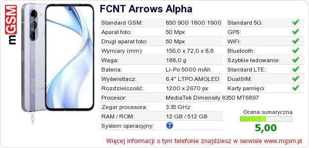 Dane telefonu FCNT Arrows Alpha