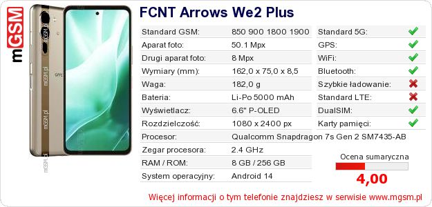 Dane telefonu FCNT Arrows We2 Plus Dane telefonu FCNT Arrows We2 Plus
