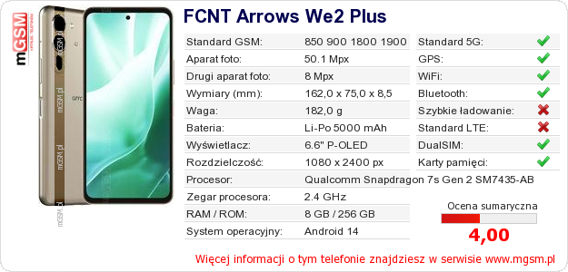 Dane telefonu FCNT Arrows We2 Plus