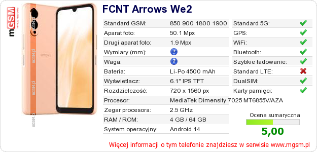 Dane telefonu FCNT Arrows We2