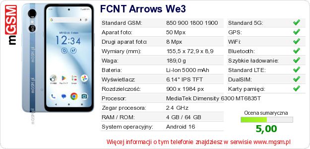 Dane telefonu FCNT Arrows We3