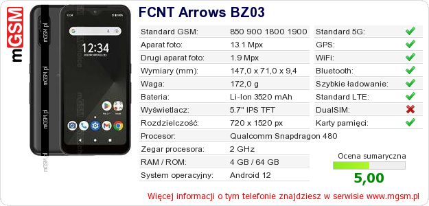 Dane telefonu FCNT Arrows BZ03