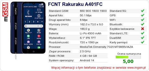 Dane telefonu FCNT Rakuraku A401FC