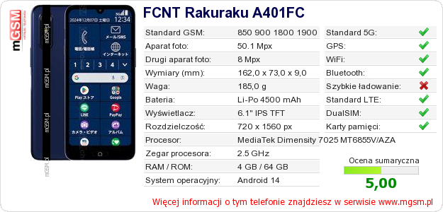 Dane telefonu FCNT Rakuraku A401FC