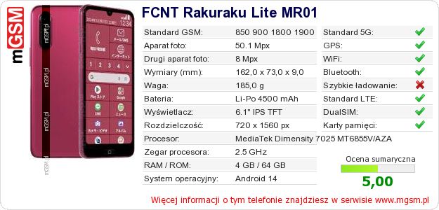 Dane telefonu FCNT Rakuraku Lite MR01