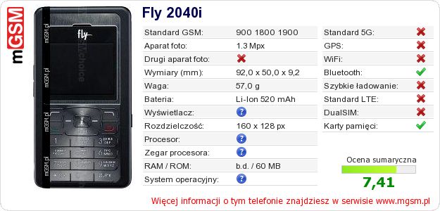 Dane telefonu Fly 2040i