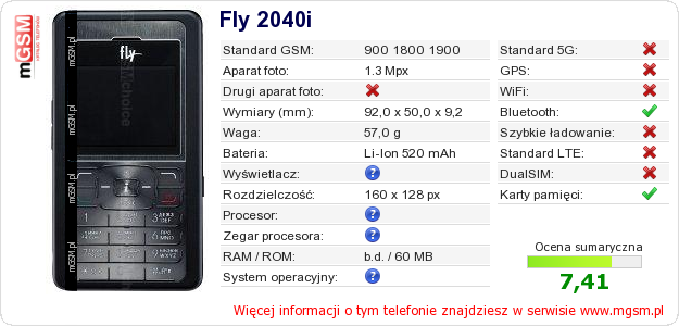 Dane telefonu Fly 2040i