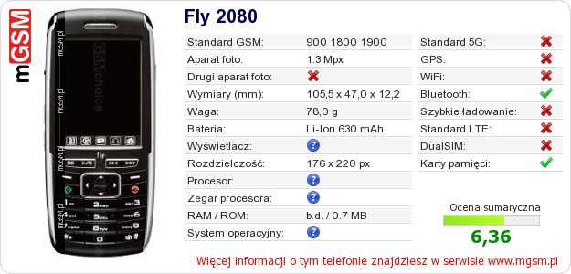 Dane telefonu Fly 2080