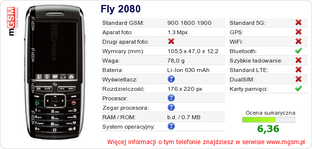 Dane telefonu Fly 2080