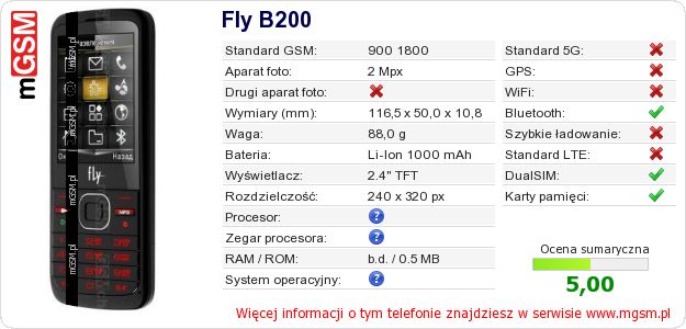 Dane telefonu Fly B200