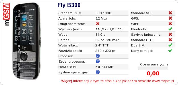 Dane telefonu Fly B300 Dane telefonu Fly B300