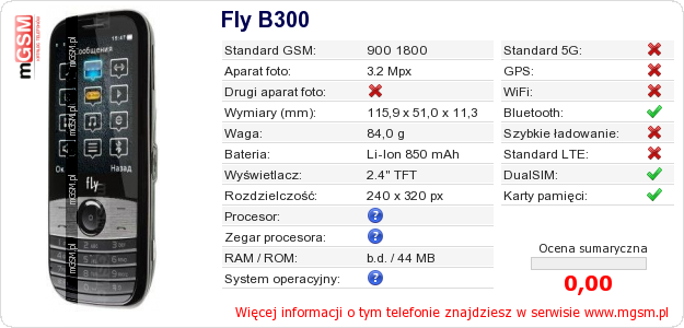 Dane telefonu Fly B300