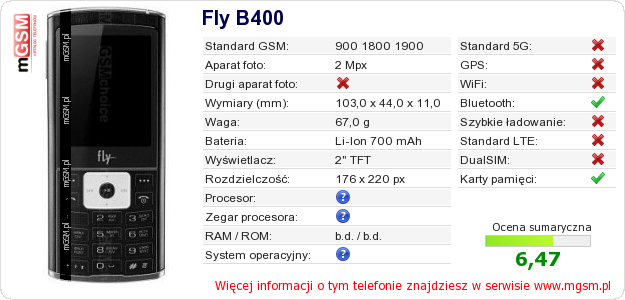 Dane telefonu Fly B400 Dane telefonu Fly B400
