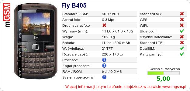 Dane telefonu Fly B405