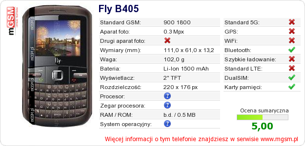 Dane telefonu Fly B405