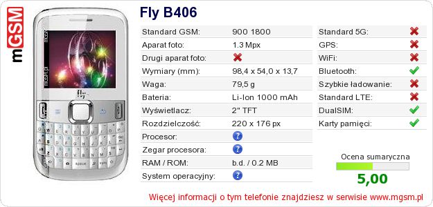 Dane telefonu Fly B406