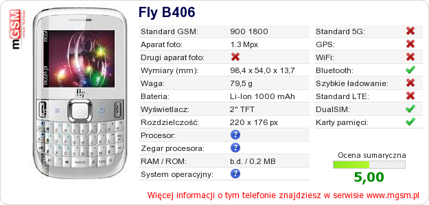 Dane telefonu Fly B406