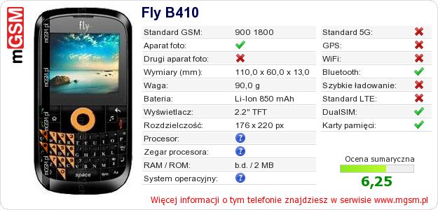 Dane telefonu Fly B410